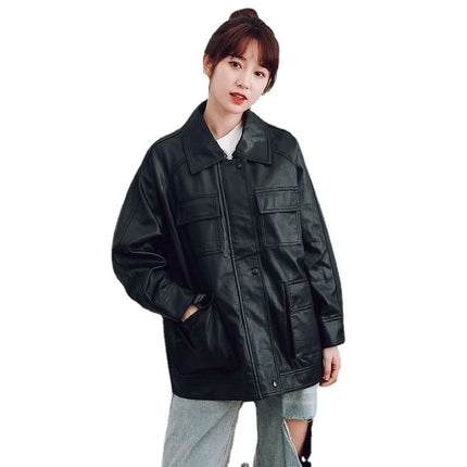 Motorcycle Leather Leather Jacket Mid-length Windbreaker PU Leather Jacket