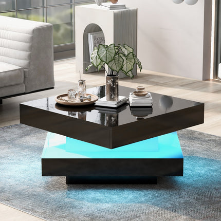 Wit Vierkant Hoogglans Koffietafel Met 360 Grade Draaiende Bo-oppervlak, Teetafel Met 16-Kleur LED-lig, 70x70x36 Cm