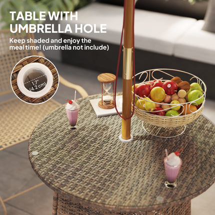 Wicker Tuin Rattan Tafel, Patio Meubels Buite Koffietafel Met Sambreelgat En Gehard Glasblad, Bruin
