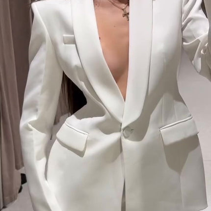 Solid Color Lapel Suit Jacket & High Waist Pants Set