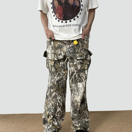 Loose Straight Tree Worn Looking Washed-out Camouflage Printed Overalls