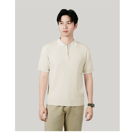 Men's Half-zip Ice Silk Knitted Lapel Vertical Striped Top