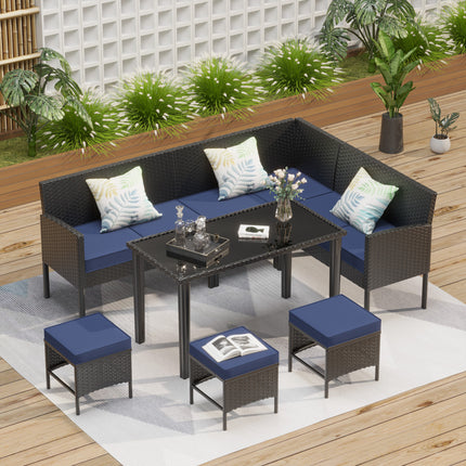 Kleinruimte Patio Meubels 7-stuk Buitenmeubelstel, Agterplaas Meubelstel, Waterdigte Sitkussing, Glastafel, Ruimtebesparend, Geskik Vir Agterplaas, Terras Of Tuin, Donkerblou