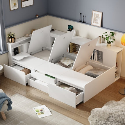 Kinderbed, Enkelbed-3ft90x190cm, Enkelbed, Multifunksionele Kinderbed Met Laaie, Boekrak En Opbergkas, Bedkas Met Bergplek, Sonder Matras, Wit
