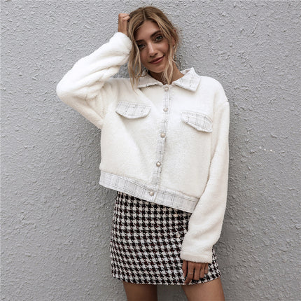 Button Down Lapel Pocket Blouse Woolen Jacket For Lady