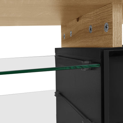 Moderne TV-Kabinetsontwerp Stylvol en Elegant, Praktiese Bergingsruimte, Swart en Hout Voorkoms, Glasrakke, LED-Beligting