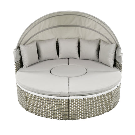 TOPMAX Patio Meubels Ronde Buitelug Seksionele Sofa Stel Rattan Dagbed Tweekleurige Weef Sonbed Met Intrekbare Afdak, Aparte Sitplekke En Verwyderbare Kussing, Grys