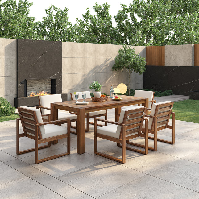 TREXM Patio Table And Chairs Set  Outdoor Dining Set For 6 With Umbrella Hole  7 Piece Outdoor Patio Furniture Set Wood Frame With Removable Cushion For Garden  Backyard  Lawn  And Poolside