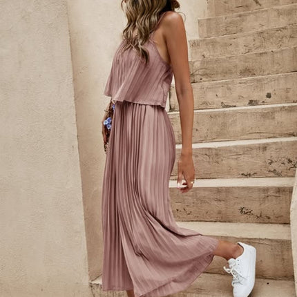 Women's Summer Solid Color Vacation Loose Suit Strap Backless Thin Romper Streetwear INS One-Piece Outfit Beach Style Striped Wide Leg Trousers Casual Suit