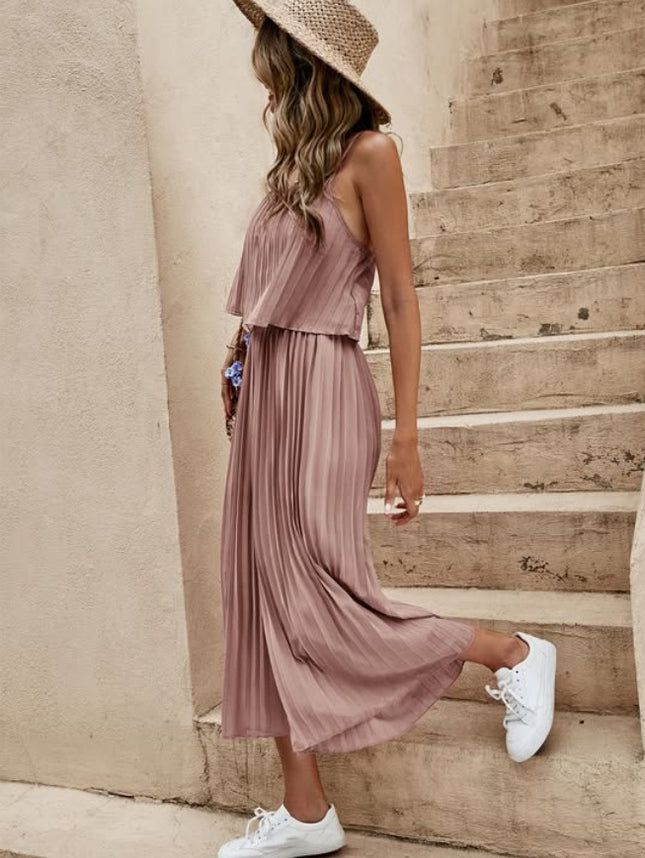 Women's Summer Solid Color Vacation Loose Suit Strap Backless Thin Romper Streetwear INS One-Piece Outfit Beach Style Striped Wide Leg Trousers Casual Suit