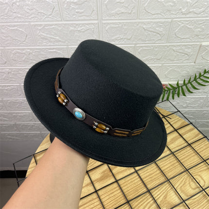 British Retro Woolen Wide Brim Flat Top Hat