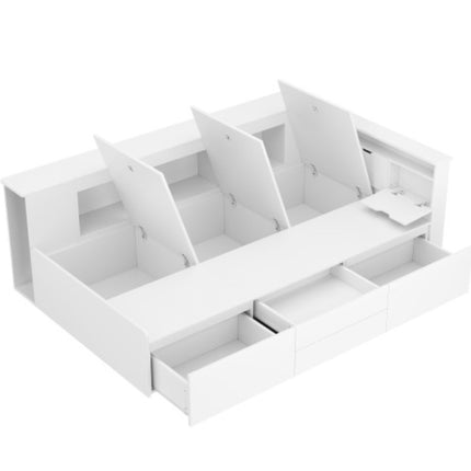 Kinderbed, Enkelbed-3ft90x190cm, Enkelbed, Multifunksionele Kinderbed Met Laaie, Boekrak En Opbergkas, Bedkas Met Bergplek, Sonder Matras, Wit