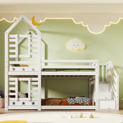 Stapelbedberging Kinderkajuitbed Enkelbed Met Venster Vir Kinders, Dubbelslaper 190x90 Cm, Soliede Dennehout, 3VT - Wit