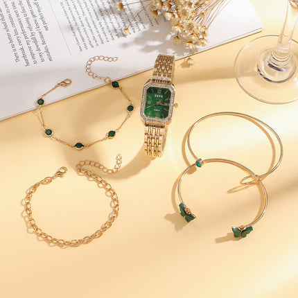 Wilde Smaragreën Vierkantige Staalhorlosie Vlinderarmband 5stk Stel Geskenkstel