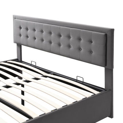 Gestoffeerde Koninggrootte Bed 150x200cm Fluweelstof Dubbelbed Groot Bergingspasie, Met Latte En Kopstuk, Sonder Matras, Grys
