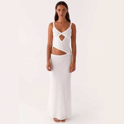 Fashionable, Elegant And Sexy Sling Solid Color Hollow Mesh Dress