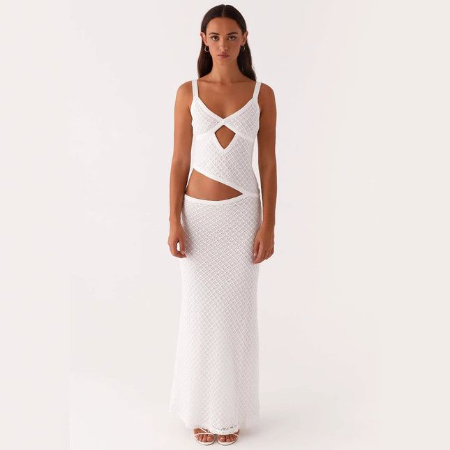 Fashionable, Elegant And Sexy Sling Solid Color Hollow Mesh Dress