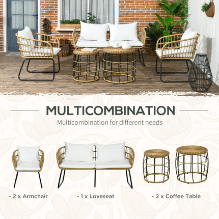 5 Piece PE Rattan Outdoor Furniture Set with Cushioned Chairs, Loveseat Sofa & Stackable Coffee Tables, Cream White