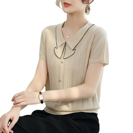 Doll Collar Carven Design Breasted Short-sleeved Sweater Top