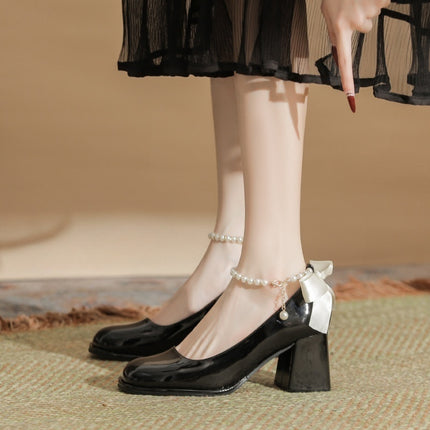 Mary Jane Shoes Pearl Ribbon Patent Leather Fairy Style