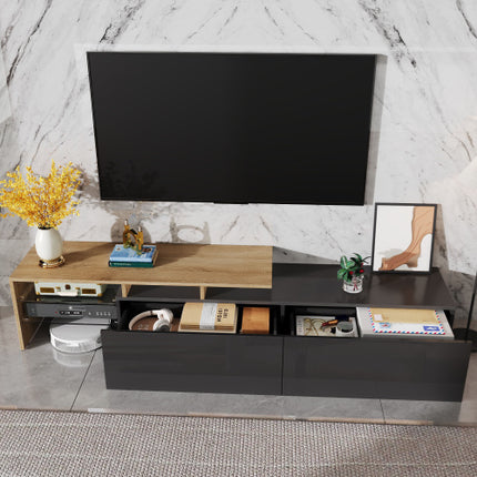 Moderne TV-Kabinetsontwerp Stylvol en Elegant, Praktiese Bergingsruimte, Swart en Hout Voorkoms, Glasrakke, LED-Beligting