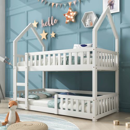Stapelbed, Dubbelslaperbed Met Leer, Soliede Houtraam 3FT Enkelbed, Speletjiebed, Kasteelvormige Bed 90 X 190 Cm Kinderbedkamermeubels, Houtbedraam Vir Kinders Wit