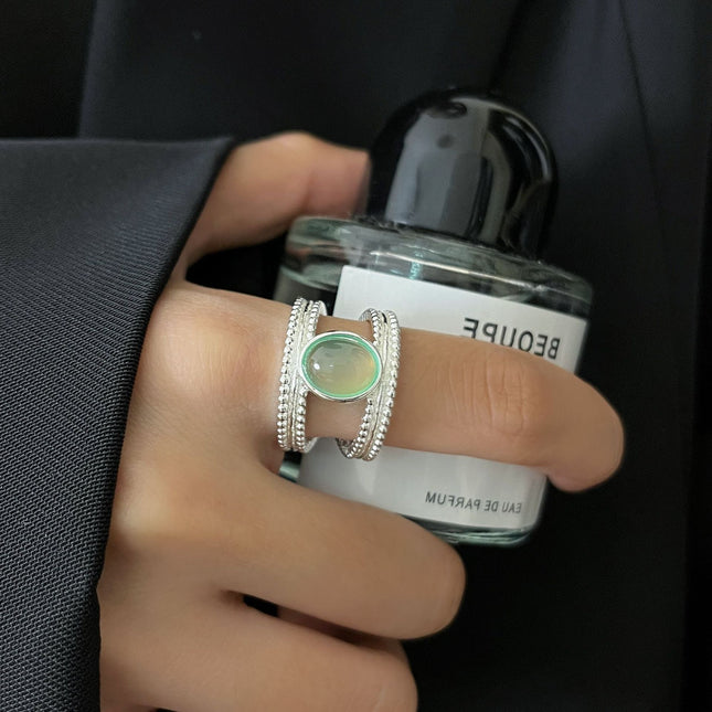 S925 Sterling Silwer Retro Groen Dubbelstreng-Ring Vir Vroue Oop-einde Verstelbaar