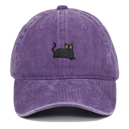 Black Cat Embroidered Washed Baseball Cap Sun Hat