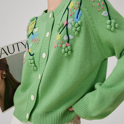 Green Handmade Three-dimensional Embroidered Round Neck Knitted Cardigan For Women