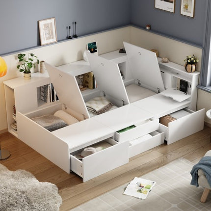 Kinderbed, Enkelbed-3ft90x190cm, Enkelbed, Multifunksionele Kinderbed Met Laaie, Boekrak En Opbergkas, Bedkas Met Bergplek, Sonder Matras, Wit