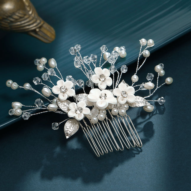 Elegante Blom-, Blare-, Pêrel- en Strass-Haarkam vir Troues