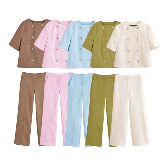 Short Sleeve Double Breasted Top High Waist Trousers
