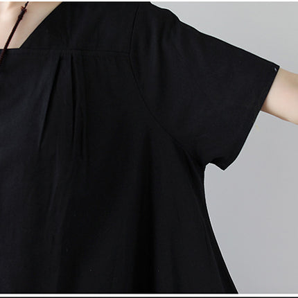 Cotton And Linen Short Sleeve Dress Large Size Women's Mid Length