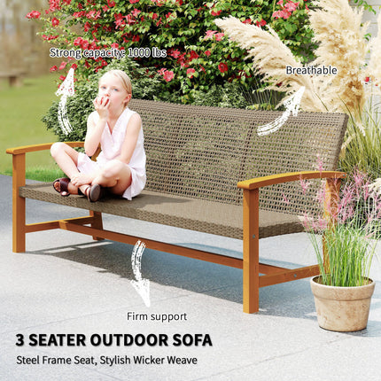 3-Sitplek Wicker Buitenbank Patiobank, Acaciahout Patiomeubels met Staalsitplek Armleunings, 1000 LBS Kapasiteit, Teakhout