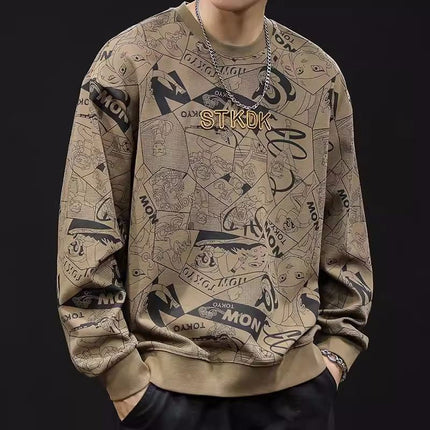 Round Neck Print Sweatshirt Long Sleeve Men's
