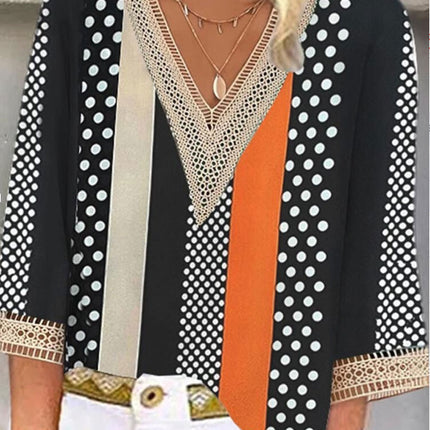 Women's Loose New Multi-color Floral Print Stitching Lace Mid-sleeve V-neck T-shirt