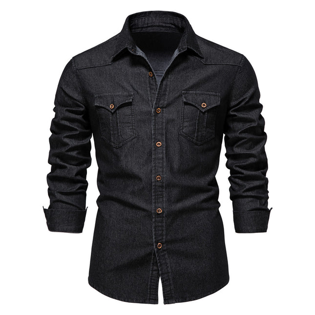 Men's Long-sleeved Denim Shirt Casual Solid Button Slim Tops Clothing