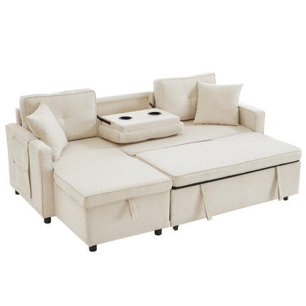 L-vormige Uittrekbare Slaapbank, Moderne Omkeerbare Slaapbank, 3-in-1 Omskakelbare Slaapbank met Bêre Chaise, Opvoubare Tafel, Bekerhouers en Laaipoorte