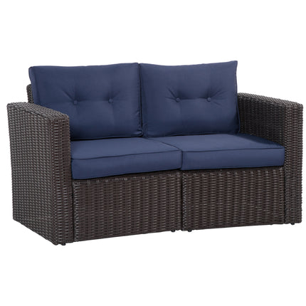 2 Stuk Patio Rattan Hoekbankstel, Buiten PE Rattan Meubels, met Geboë Armleunings en Gevulde Kussings vir Balkon, Tuin of Grasperk, Donkerblou