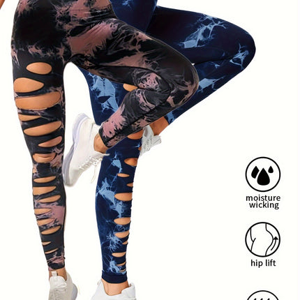 2 Pack Hollow Sexy High Elastic Women's Tie Dye Cutout Tights High Waist Workout Yoga Leggings, Scrunch Butt Lifting Elastic Pants, Tummy Control Butt Lifting Workout Yoga Athletic Pants