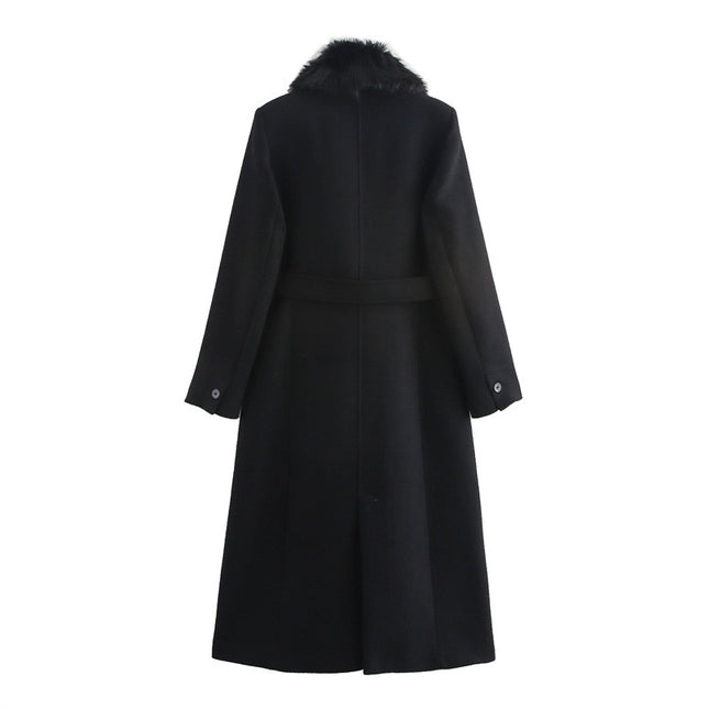 Women's Fashion Lace-up Fur Collar Woolen Coat