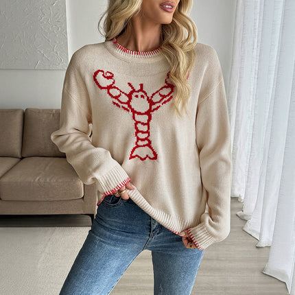 European And American Contrast Color Animal Pattern Crew Neck Pullover Sweater Female