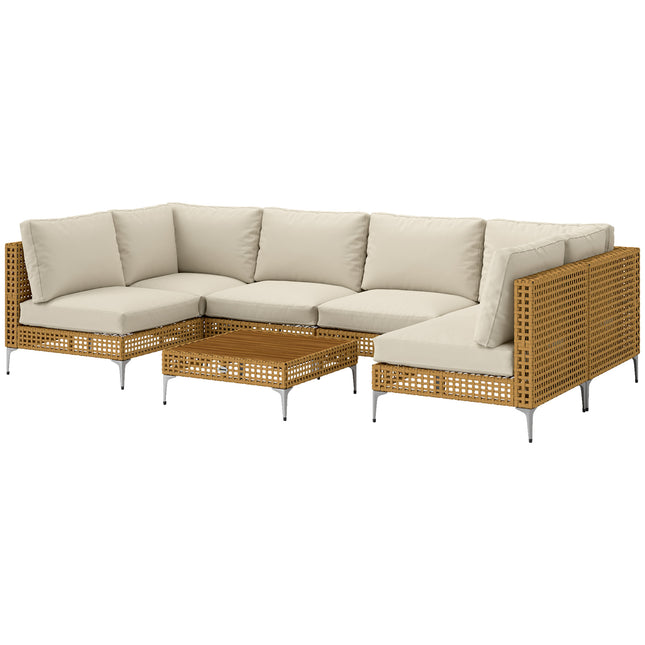 7-stuk Rattan-patio-meubelstel, modulêre buite-bank met verdikte kussings, Akasiahouttafel, Khaki/Beige