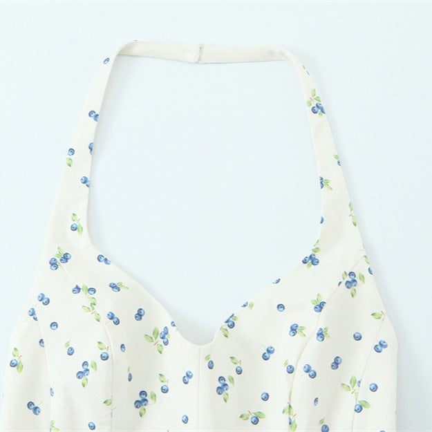 Summer New Women's Flower Print Hanging Collar Top