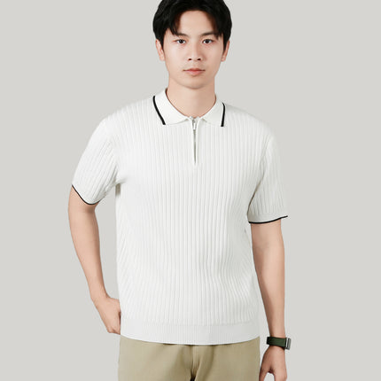 Men's Half-zip Ice Silk Knitted Lapel Vertical Striped Top
