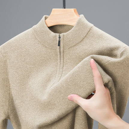 Men's Half-high Collar Zipper Sweater Middle-aged Men's Thickened Keep Warm Pure Color Sweater