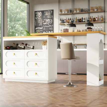 360 Roterende Kroegtafel Hoofgedeelte 137 X 39 X 90 Cm, Koffiekroegmeubels, Roterende Eetkroeg Met Berging, Kombuiseiland, Met Speseryrak, Ses Laaie, Oop Bergingspasie, Wit