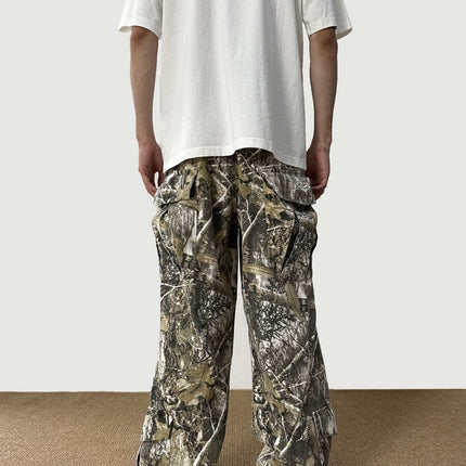 Loose Straight Tree Worn Looking Washed-out Camouflage Printed Overalls