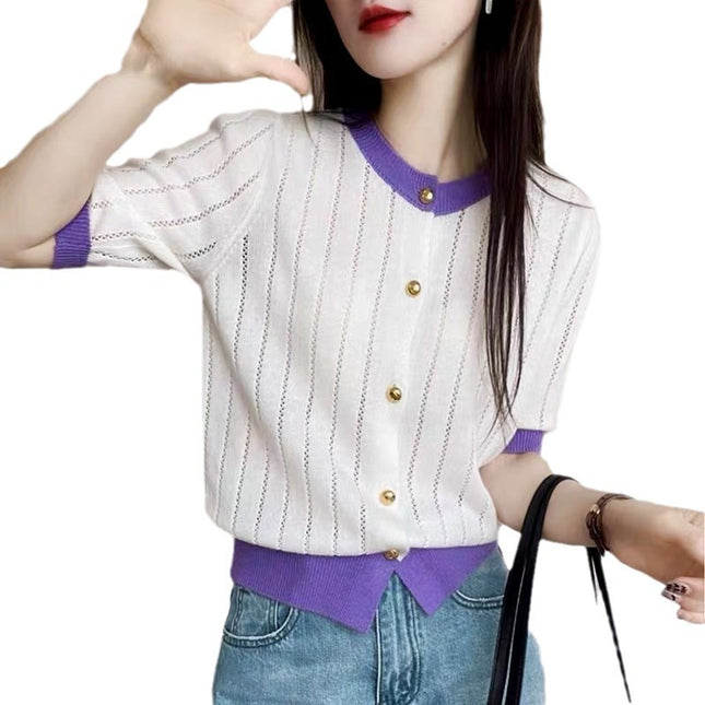 High-grade Classic Style Contrast Color Short-sleeved Knitted Sweater
