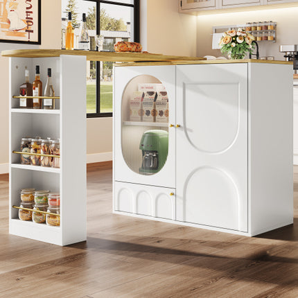 360° Draaiende Kroegtafel Liggaam 138 X 39 X 105 Cm, Koffiekroegmeubels, Draaiende Eettafel Met Bergspasie, Kookeiland, Twee Deure Met Rakke, Sytafel, Buffet, Wit